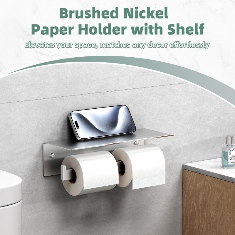 APLusee Double Toilet Paper Holder with Shelf, 304 Stainless Steel Brushed Nickel Bathroom Tissue Holder, Commercial Paper Roll Dispenser Wall Mounted - Image 5